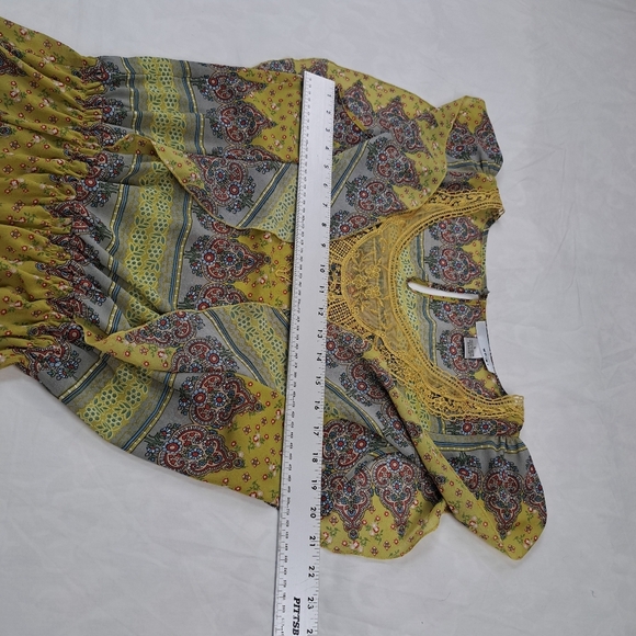 WD NY Women’s Yellow Blue Floral Ruffle Sheer Top Blouse Size L - Picture 8 of 10